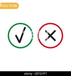 Tick and cross signs. Green checkmark OK and red X icons, isolated on white background. Simple marks graphic design. Circle symbols YES and NO button Stock Vector
