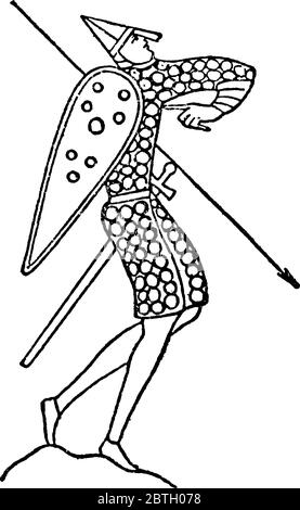 A heavily armored man standing on the ground, with one of his heels raised and holding a sword, shield and spear, vintage line drawing or engraving il Stock Vector
