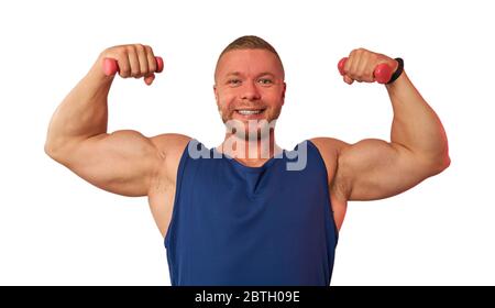 a man with small dumbbells on a light background Stock Photo