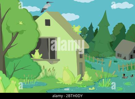 Frogs landscape scene after rain, strange humorous vector cartoon color illustration, horizontal Stock Vector