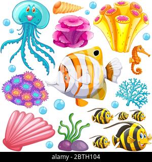 Set of sea creatures and corals on white background illustration Stock Vector