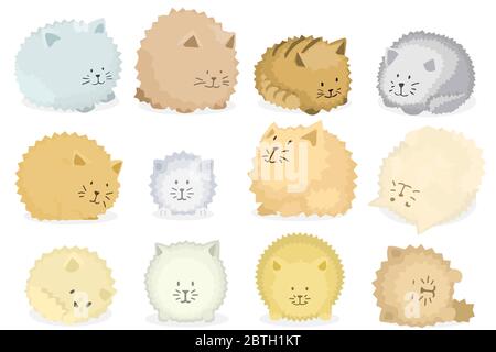Cats stylized set of twelve, different fur colors, vector cartoon illustration design elements, horizontal, over white, isolated Stock Vector