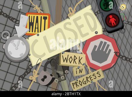 Closed under construction doors gate and wire fence, many locks and warning signs, vector cartoon color illustration, horizontal Stock Vector