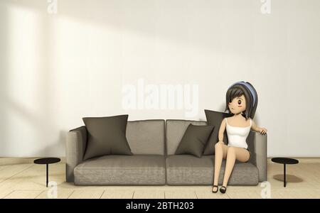 Cartoon girl on the sofa armchair with room interior japanese style. 3D rendering Stock Photo