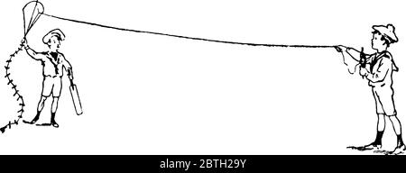 A boy standing on one end and holding the thread bundle; and another boy holding its kite from the other end, and hence playing, vintage line drawing Stock Vector