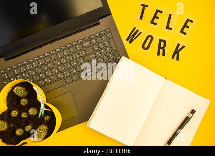 Text TELEWORK with notebook, laptop and pen, cactus, work from home place, freelance environment on yellow background copy space Stock Photo