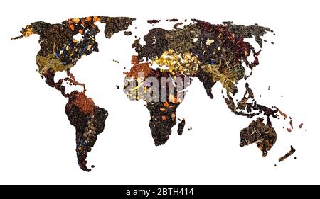 Map of world from different kind of dry tea herbs isolated on white background. Stock Photo
