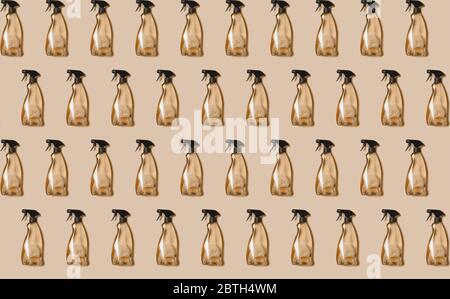 Seamless pattern of transparent plastic bottle of cleaning product, household window cleaning liquid on beige background. Creative design for packaging. Top view. Flat lay. Detergent bottle. Stock Photo