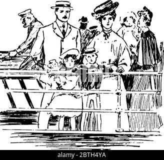 The picture depicts few men and children with their toys, travelling by boat and admiring the scenic view, vintage line drawing or engraving illustrat Stock Vector