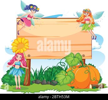 Empty wooden banner with fairy tale cartoon character and elements ...