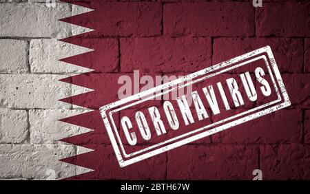 Flag of the Qatar with original proportions. stamped of Coronavirus. brick wall texture. Corona virus concept. On the verge of a COVID-19 or 2019-nCoV Stock Photo