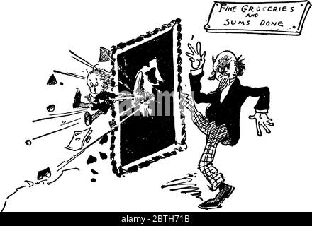 Cartoon in which an angry old man kicked a young boy out of the grocery store and a board written there, Fine Groceries and Sums Done, vintage line dr Stock Vector