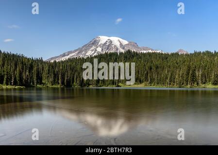 Mount Rainier, Washington State, reflected in the reflection pools in the national park. It is high summer and the sky is clear blue Stock Photo