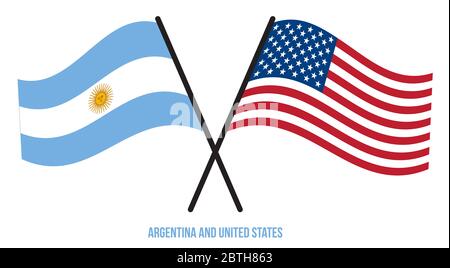 USA and Argentina flags waving together in the wind on blue cloudy sky ...