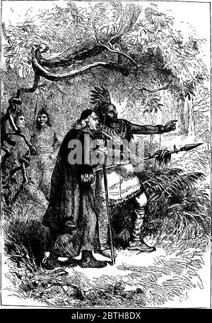 Native American Tribe Chief giving briefing to Pilgrim, vintage line drawing or engraving illustration. Stock Vector