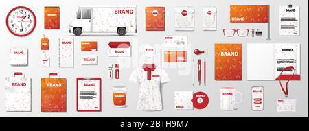 Artistic orange Corporate identity mock up template with abstract color. Realistic Business Stationery for company style mockup with geometric design Stock Vector