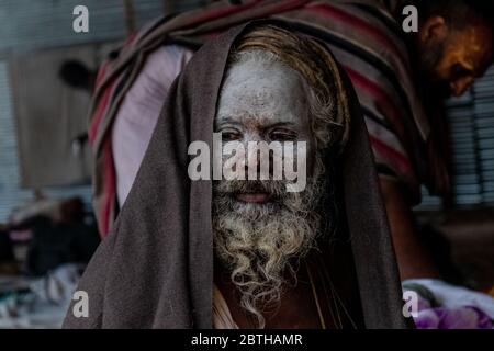 Indian Monk (Naga Sadhu baba) at Holy Ardh Kumbh Mela, Allahabad (Paryagraj), Uttar Pradesh, India. Kumbh Mela happens after 6 years. Stock Photo