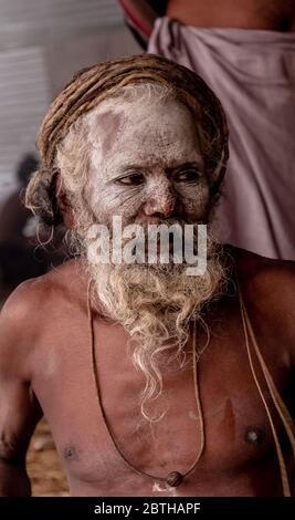 Indian Monk (Naga Sadhu baba) at Holy Ardh Kumbh Mela, Allahabad (Paryagraj), Uttar Pradesh, India. Kumbh Mela happens after 6 years. Stock Photo