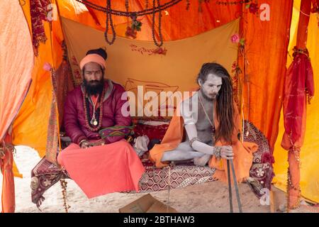 Indian Monk (Naga Sadhu baba) at Holy Ardh Kumbh Mela, Allahabad (Paryagraj), Uttar Pradesh, India. Kumbh Mela happens after 6 years. Stock Photo