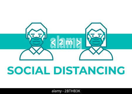 Man and woman wearing face mask maintain social distancing. Precautions for the coronavirus. Steps to protect yourself. Stock Vector