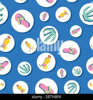 Flip flops, plants and summer cocktails in polka dots seamless vector pattern. Papercut collage 3d style design with tropical summer items in white Stock Vector
