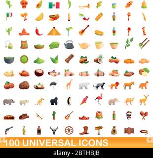 100 universal icons set. Cartoon illustration of 100 universal icons vector set isolated on white background Stock Vector