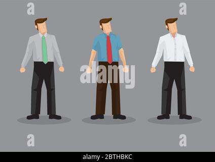 Vector illustration of three faceless cartoon man character wearing conservative office style outfits isolated on grey background. Stock Vector