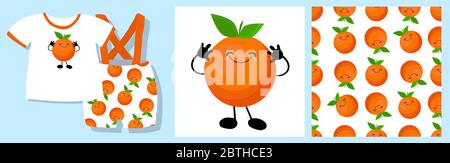 Funny print for baby clothes. Cute pattern with oranges. T-shirt design. Vector illustration. Ready-made textile design kit. Seamless pattern. Orange Stock Vector