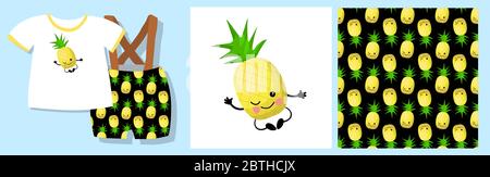Funny print for baby clothes. Cute pattern with pineapples. T-shirt design. Vector illustration. Ready-made textile design kit. Seamless pattern Stock Vector