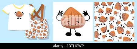 Funny print for baby clothes. Cute pattern with nuts. T-shirt design. Vector illustration. Ready-made textile design kit. Seamless pattern. Hazelnut Stock Vector