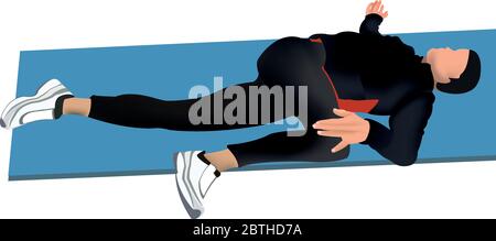 Postural gymnastics exercise. The illustration shows a man on a mat performing a stretching exercise. Stock Vector