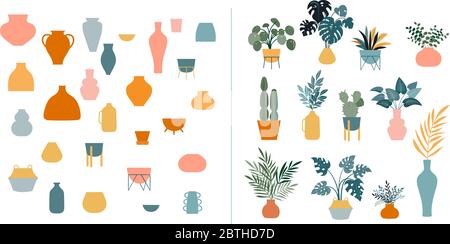 Collection of stickers and floral design elements, plants, rainbow and leaves, hand drawn in trendy doodle style. Colorful vector illustrations and Stock Vector