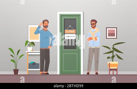 unhappy businessmen standing in front of office door with closed sign coronavirus pandemic quarantine bankruptcy no job unemployment concept modern cabinet interior horizontal vector illustration Stock Vector