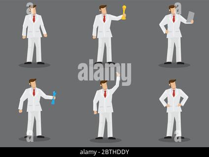 Cartoon character wearing full white suit and red necktie holding different objects and standing in different gestures. Set of six vector illustration Stock Vector