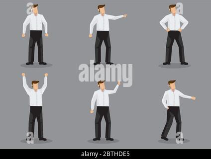 Set of six vector illustrations of faceless cartoon man character wearing simple white shirt and black pants in different gestures isolated on grey ba Stock Vector