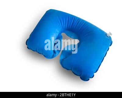 Blue inflatable pillow for a comfortable neck position . Isolated on a white background. Stock Photo