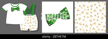 Funny print for baby clothes. Cute pattern with clover. T-shirt design. Vector illustration. Ready-made textile design kit. Seamless pattern. Trefoil Stock Vector