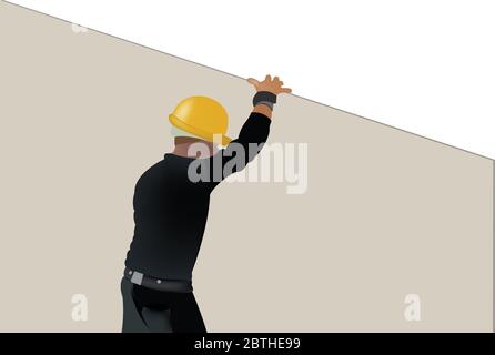 Plasterboard worker carries a gypsum panel. It wears a yellow safety helmet. Stock Vector