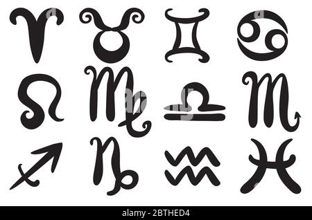 Collection of 12 zodiac symbols, black icons illustration. Stock Vector