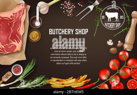 Meat Banner for restaurant or butcher shop. Fresh meat steak with tomatoes, potato wedges, sause, chili pepper, garlic and olive oil on dark