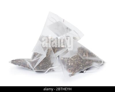Pyramid shape tea bags isolated on white background Stock Photo