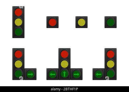 Set of traffic lights. Red, yellow and green. Vector illustration. Turn right and left, arrows Stock Vector