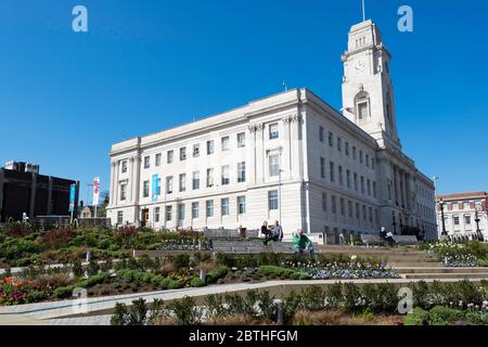 The impressive white stone town hall building in the centre of Barnsley, South Yorkshire Stock Photo