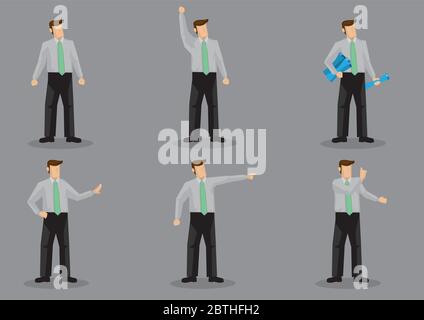 Cartoon man wearing office attire in various gestures. Set of six vector character illustration isolated on grey background. Stock Vector