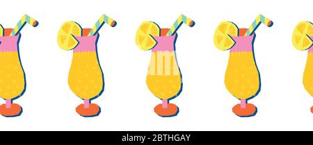 Summer Cocktails seamless vector border. Papercut collage 3d style tropical cocktails repeating pattern. Exotic drink with fruit slice and straw. For Stock Vector
