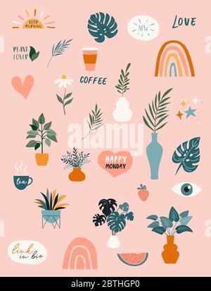 Collection of handwritten phrases, quotes, stickers and decorative design elements, plants, rainbow and leaves, hand drawn in trendy doodle style Stock Vector