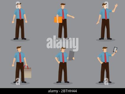 Set of six vector illustration of cartoon office personnel wearing necktie with short sleeves shirt in different poses isolated on grey background. Stock Vector