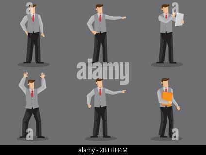 Set of six vector illustration of cartoon man wearing necktie and sleeveless vest without jacket in different poses isolated on grey background. Stock Vector