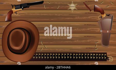 Western accessories and objects on wooden table. Vector elements, pistols, bullets with belt, sheriff star cigar and cowboy hat. Stock Vector