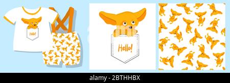 Funny print for baby clothes. Cute pattern with a fox. T-shirt design. Vector illustration. Ready-made textile design kit. Seamless pattern. Fenech Stock Vector